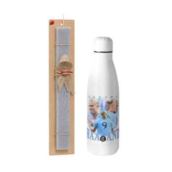 Erling Haaland, Easter Set, metallic stainless thermos bottle (500ml) & scented flat Easter candle (30cm) (GRAY)
