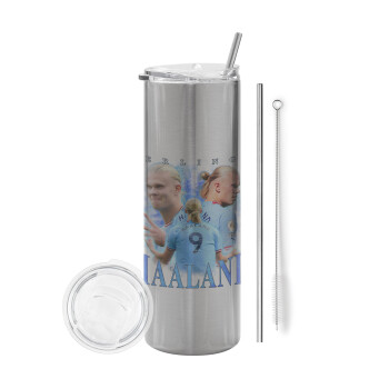 Erling Haaland, Tumbler stainless steel Silver 600ml, with metal straw & cleaning brush