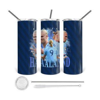 Erling Haaland, Tumbler ποτήρι θερμό από ανοξείδωτο ατσάλι 600ml, με μεταλλικό καλαμάκι & βούρτσα καθαρισμού