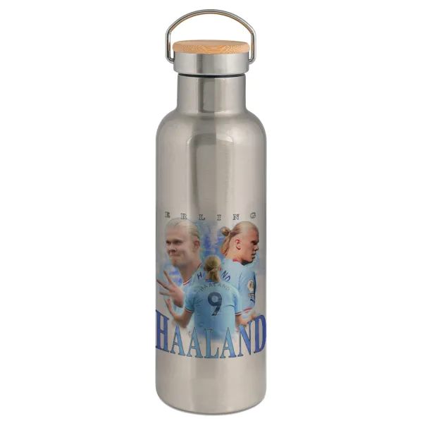 Erling Haaland — Stainless steel Silver with wooden lid (bamboo), double wall, 750ml