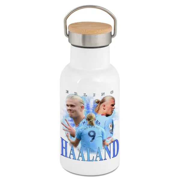 Erling Haaland — Metallic thermos (Stainless steel) White with wooden lid (bamboo), double-walled, 350ml