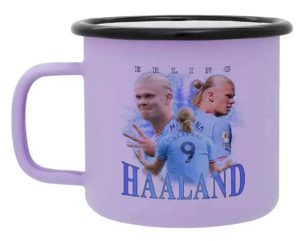 Erling Haaland — Metal enamel mug, matte light pastel purple, 360ml