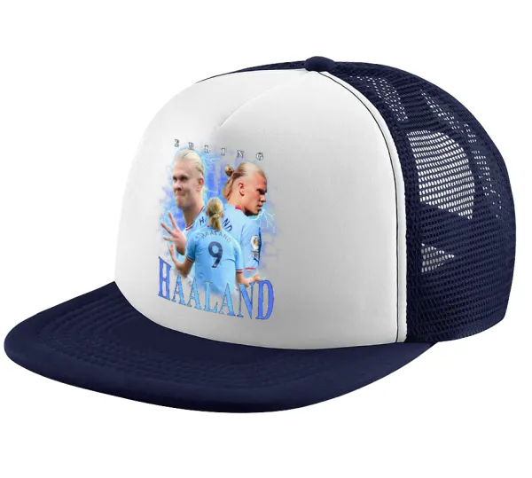 Erling Haaland — Adult Soft Trucker Hat with Dark Blue/White Mesh (POLYESTER, ADULT, UNISEX, ONE SIZE)