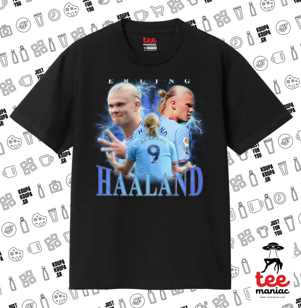 Erling Haaland — ΜΑΥΡΟ Κλασικό T-Shirt, διπλής ραφής, χωρίς πλευρικές ραφές από 100% βαμβάκι. Vegan & OEKO-TEX πιστοποιημένο.