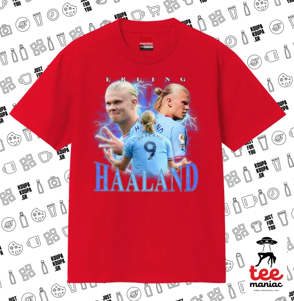 Erling Haaland — ΚΟΚΚΙΝΟ Κλασικό T-Shirt, διπλής ραφής, χωρίς πλευρικές ραφές από 100% βαμβάκι. Vegan & OEKO-TEX πιστοποιημένο.