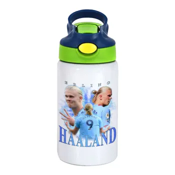 Erling Haaland, Children's hot water bottle, stainless steel, with safety straw, green, blue (350ml)