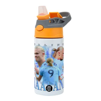 Erling Haaland, Children's hot water bottle, stainless steel, with safety straw, Orange/Grey (360ml) BPA-FREE