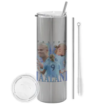 Erling Haaland, Tumbler ποτήρι θερμό Ασημένιο από ανοξείδωτο ατσάλι 600ml, με μεταλλικό καλαμάκι & βούρτσα καθαρισμού
