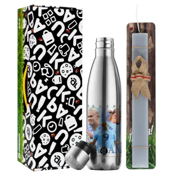 Erling Haaland, Easter Set, metallic stainless thermos flask (500ml) & scented flat Easter candle (30cm) (GRAY)