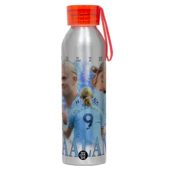 Erling Haaland, Αλουμινένιο Αθλητικό Μπουκάλι 650ml – Ασημί με Κόκκινο Καπάκι και Λουράκι Σιλικόνης