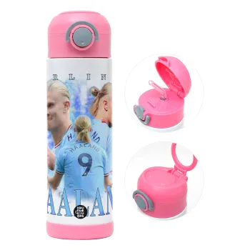 Erling Haaland, Παιδικό παγούρι θερμό, ανοξείδωτο, με καλαμάκι ασφαλείας, ΡΟΖ (500ml)