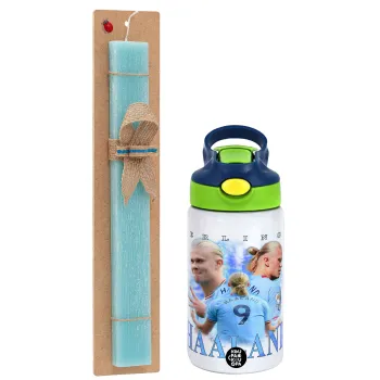 Erling Haaland, Easter Set, Children's thermal stainless steel bottle with safety straw, green/blue (350ml) & aromatic flat Easter candle (30cm) (TURQUOISE)