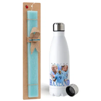 Erling Haaland, Easter Set, metallic stainless steel water bottle (750ml) & aromatic flat Easter candle (30cm) (TURQUOISE)