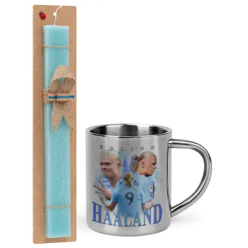 Erling Haaland, Easter Set, metallic thermal cup (300ml) & aromatic flat Easter candle (30cm) (TURQUOISE)