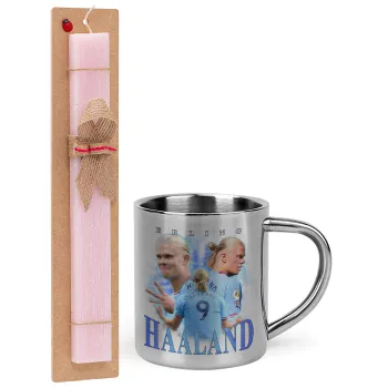 Erling Haaland, Easter Set, metallic thermal cup (300ml) & aromatic flat Easter candle (30cm) (PINK)