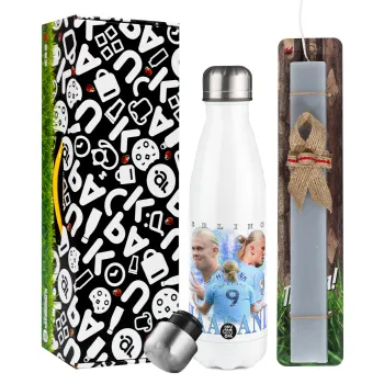 Erling Haaland, Easter candle, metallic white thermos bottle (500ml) & aromatic flat candle (30cm) (GRAY)