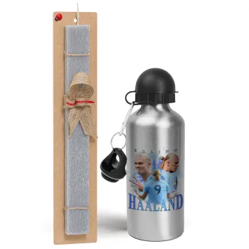 Erling Haaland, Easter Set, metallic silver aluminum water bottle (500ml) & aromatic flat Easter candle (30cm) (GRAY)