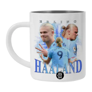 Erling Haaland, Λευκή Ανοξείδωτη Μεταλλική Κούπα 450ml - Διπλού Τοιχώματος 