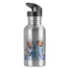 Water bottle Silver with straw, stainless steel 600ml