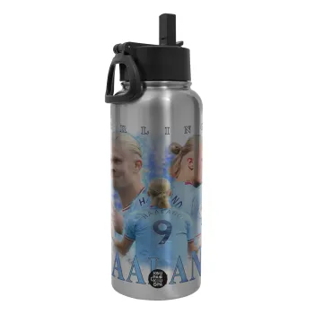 Erling Haaland, Μεταλλικό παγούρι θερμός Silver με καλαμάκι και χερούλι (Stainless steel), διπλού τοιχώματος, 950ml