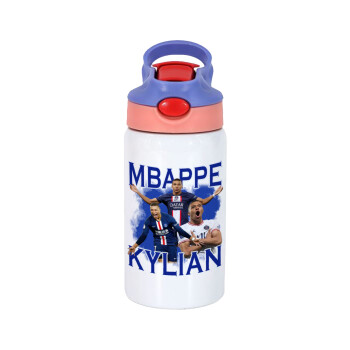 Kylian mbappe, Children's hot water bottle, stainless steel, with safety straw, pink/purple (350ml)