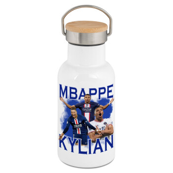 Kylian Mbappé, Metallic thermos (Stainless steel) White with wooden lid (bamboo), double-walled, 350ml