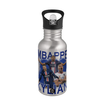 Kylian Mbappé, Water bottle Silver with straw, stainless steel 500ml