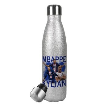 Kylian mbappe, Μεταλλικό παγούρι θερμός Glitter Aσημένιο (Stainless steel), διπλού τοιχώματος, 500ml