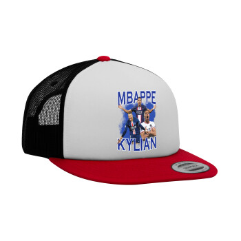 Kylian Mbappé, Adult Foam Flat Snapback with Mesh Red-White-Black (POLYESTER, ADULT, UNISEX, ONE SIZE)