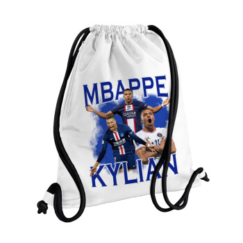 Kylian mbappe, Τσάντα πλάτης πουγκί GYMBAG λευκή, με τσέπη (40x48cm) & χονδρά κορδόνια