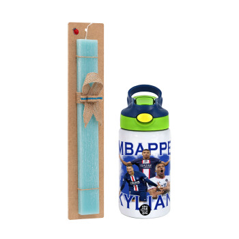 Kylian Mbappé, Easter Set, Children's thermal stainless steel bottle with safety straw, green/blue (350ml) & aromatic flat Easter candle (30cm) (TURQUOISE)