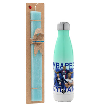 Kylian Mbappé, Easter Set, Metallic green/white thermos (Stainless steel), double-walled, 500ml & scented flat Easter candle (30cm) (TURQUOISE)