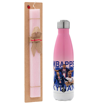 Kylian Mbappé, Easter Set, Metallic pink/white (Stainless steel) thermos, double-walled, 500ml & aromatic flat Easter candle (30cm) (PINK)