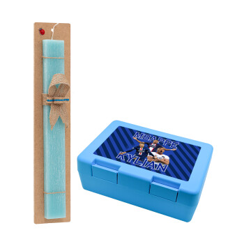 Kylian Mbappé, Easter Set, children's snack container BLUE & Easter aromatic flat candle (30cm) (TURQUOISE)