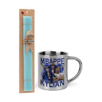 Kylian Mbappé, Easter Set, metallic thermal cup (300ml) & aromatic flat Easter candle (30cm) (TURQUOISE)