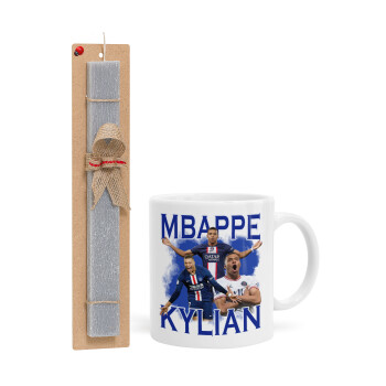 Kylian mbappe, Πασχαλινή Λαμπάδα με Κούπα κεραμική (330ml) & κερί αρωματικό πλακέ (30cm) (ΓΚΡΙ)
