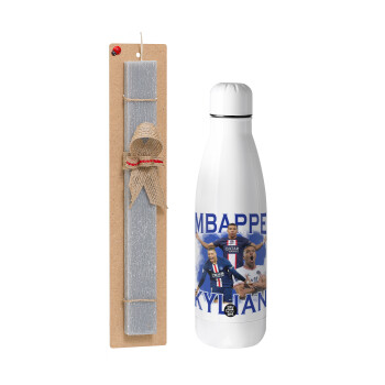 Kylian Mbappé, Easter Set, metallic stainless thermos bottle (500ml) & scented flat Easter candle (30cm) (GRAY)