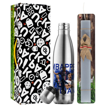 Kylian Mbappé, Easter Set, metallic stainless thermos flask (500ml) & scented flat Easter candle (30cm) (GRAY)