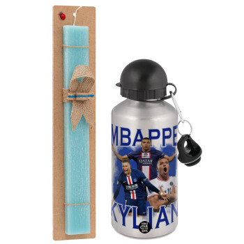 Kylian Mbappé, Easter Set, metallic silver aluminum water bottle (500ml) & scented flat Easter candle (30cm) (TURQUOISE)