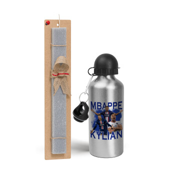 Kylian Mbappé, Easter Set, metallic silver aluminum water bottle (500ml) & aromatic flat Easter candle (30cm) (GRAY)