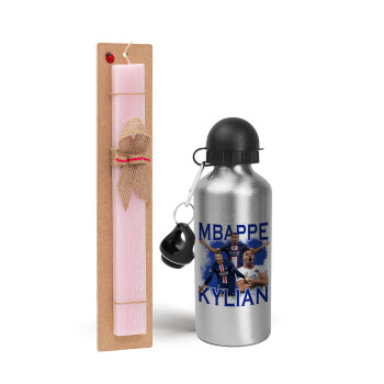 Kylian Mbappé, Easter Set, metallic Silver aluminum water bottle (500ml) & scented flat Easter candle (30cm) (PINK)