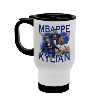 Kylian mbappe, Κούπα ταξιδιού ανοξείδωτη με καπάκι, διπλού τοιχώματος (θερμό) λευκή 450ml