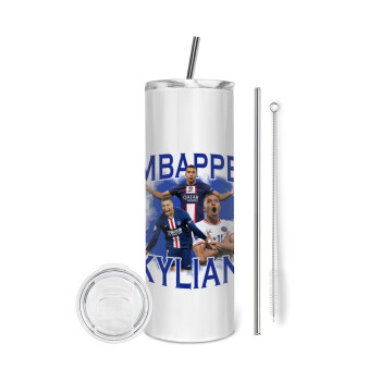 Kylian mbappe, Tumbler ποτήρι θερμό από ανοξείδωτο ατσάλι 600ml, με μεταλλικό καλαμάκι & βούρτσα καθαρισμού
