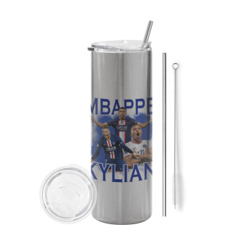 Kylian Mbappé, Tumbler stainless steel Silver 600ml, with metal straw & cleaning brush