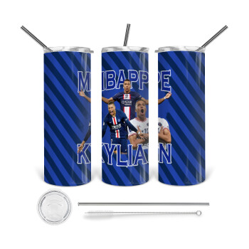 Kylian mbappe, Tumbler ποτήρι θερμό από ανοξείδωτο ατσάλι 600ml, με μεταλλικό καλαμάκι & βούρτσα καθαρισμού