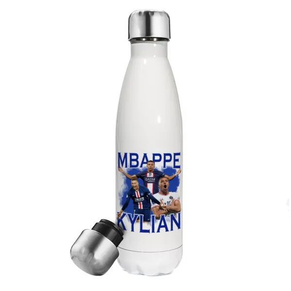 Kylian mbappe — Μεταλλικό παγούρι θερμός Λευκό (Stainless steel), διπλού τοιχώματος, 500ml