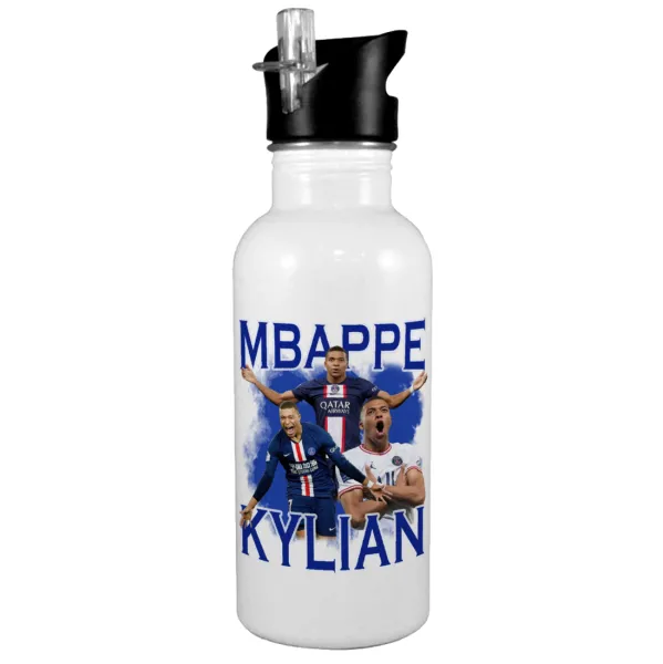 Kylian mbappe — Παγούρι νερού Λευκό με καλαμάκι, ανοξείδωτο ατσάλι 600ml