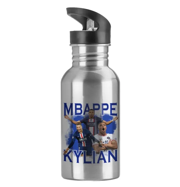 Kylian mbappe — Παγούρι νερού Ασημένιο με καλαμάκι, ανοξείδωτο ατσάλι 600ml