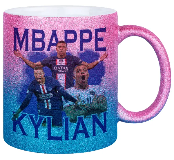 Kylian Mbappé — Gold/blue glitter mug, ceramic, 330ml
