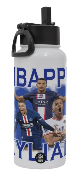 Kylian mbappe — Μεταλλικό παγούρι θερμός Λευκό με καλαμάκι και χερούλι (Stainless steel), διπλού τοιχώματος, 950ml
